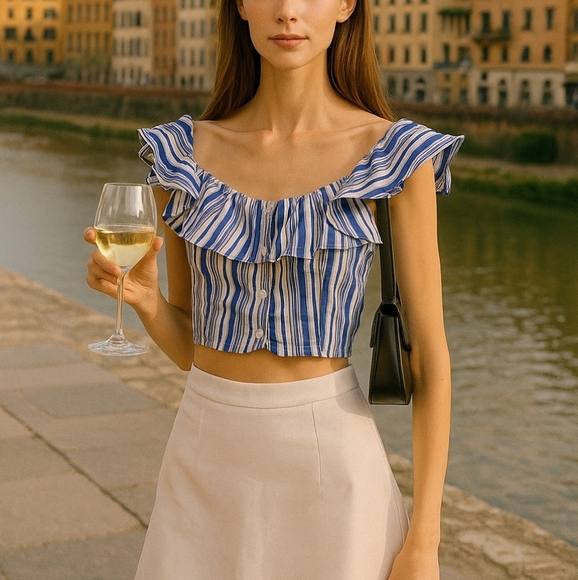 Lauren Ralph Lauren Blue Striped Off The Shoulder Top - Picture 1 of 9